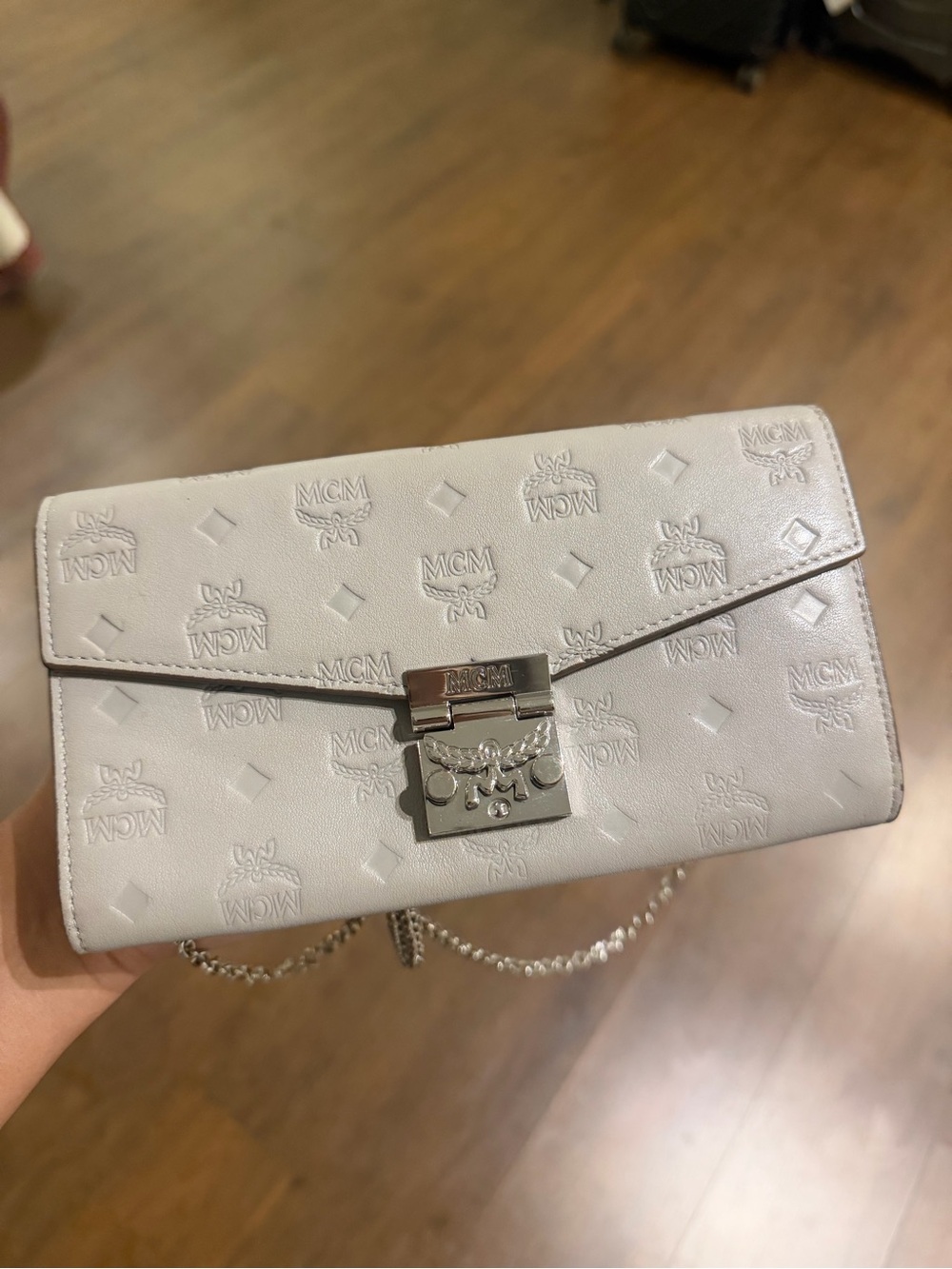 MCM White Embossed Logo Leather Chain Crossbody Bag WOC